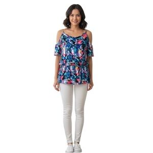 K Jordan Top Womens Large Multicolor Cold Shoulder Chain Strap Ruffle Blouse